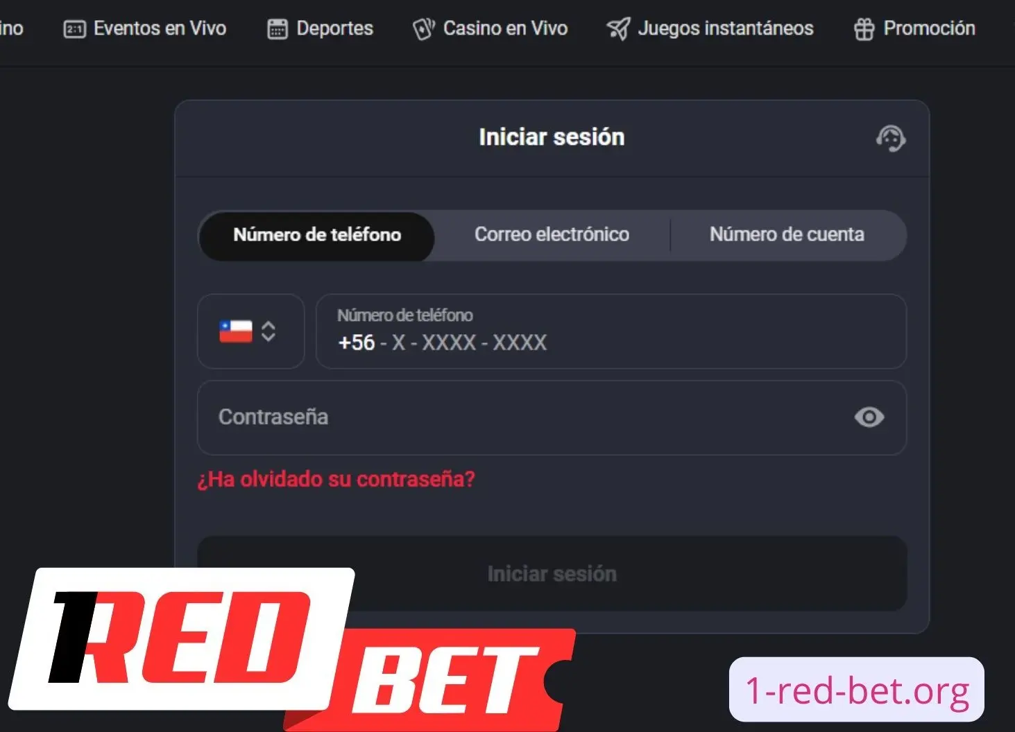 Formulario para iniciar sesión en 1RedBet Chile mediante teléfono, correo o número de cuenta